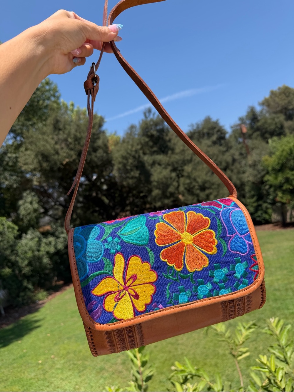 Hand-Embroidered Floral Leather Crossbody Bag in Multicolor